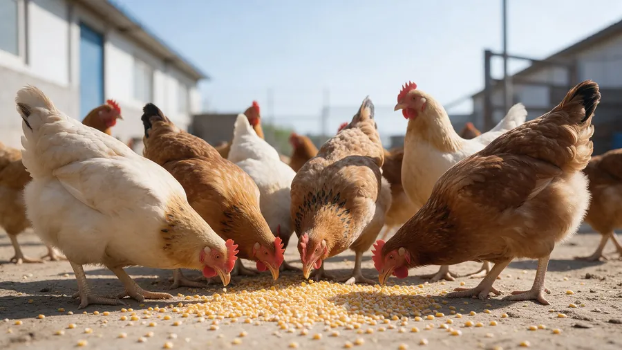 Galinhas se alimentando no chão